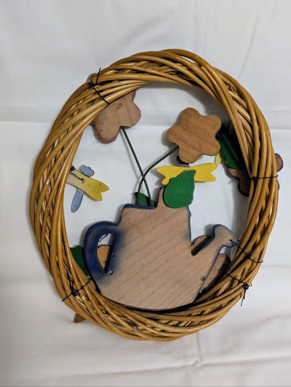 Wreath Wooden Floral Welcome Wreath with Watering Can Flowers Dragonflys Vintage